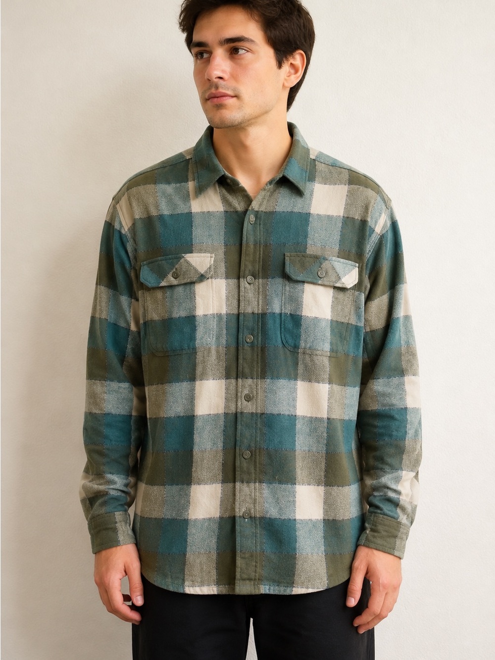 Patagonia Teal, Olive & Cream Plaid Flannel Shirt